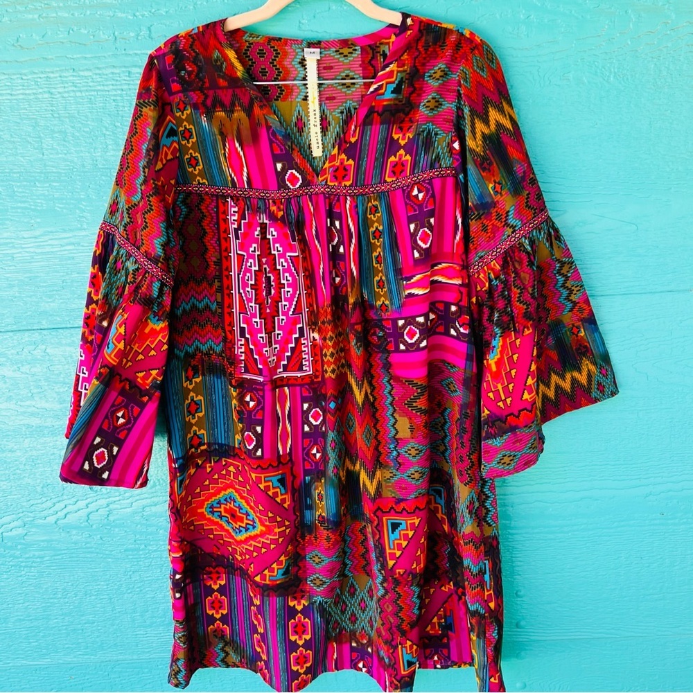Uncle Frank Patchwork Dress Aztec Western Print V-Neck 3/4 Bell Sleeves M - Picture 9 of 11
